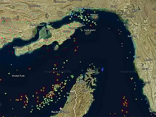 The latest satellite map from ship tracking website MarineTraffic showing the locations of vessels around the Strait of Hormuz.