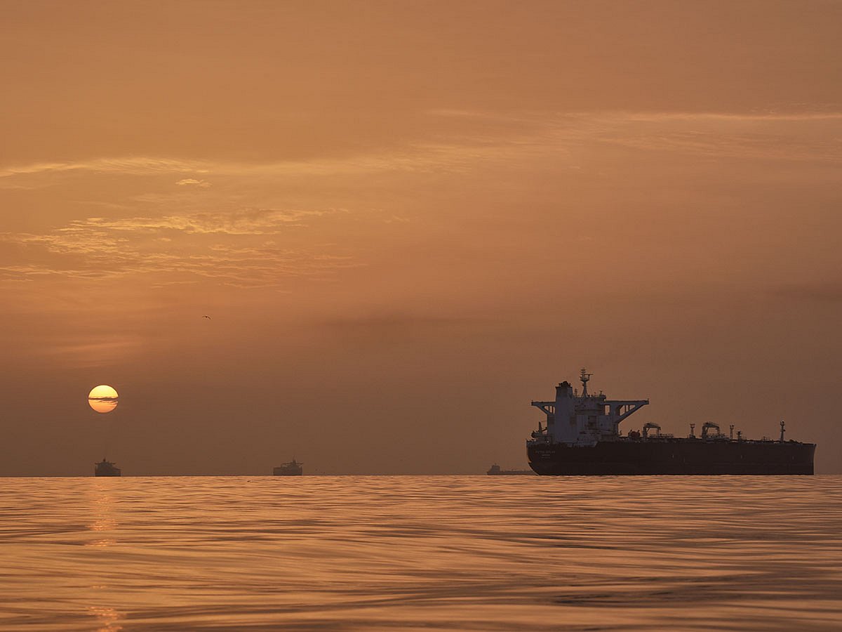 Tankers anchored in the Strait of Hormuz off the coast of Qeshm Island, Iran.