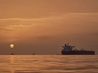 Tankers anchored in the Strait of Hormuz off the coast of Qeshm Island, Iran.