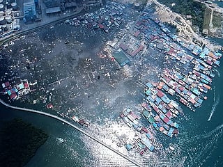 Kampung Bahagia water village after a fire, in Sandakan, on Malaysia’s Borneo island.