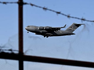 A US Air Force Boeing C-17A Globemaster III aircraft prepares to land at Pakistan's Nur Khan military airbase in Rawalpindi on April 20, 2026. 