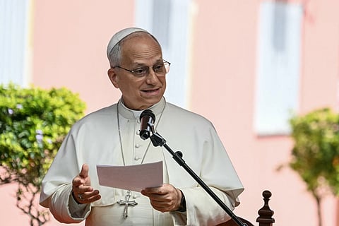 Pope Leo XIV speaks to residents as he visits the Nursing Home of the Little Sisters of the Poor in Saurimo on the eighth day of an 11-day apostolic journey to Africa, on April 20, 2026.