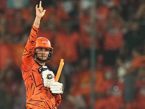 Sunrisers Hyderabad's Abhishek Sharma celebrates his century during the IPL match against Delhi Capitals in Hyderabad, on Tuesday, April 21, 2026. 