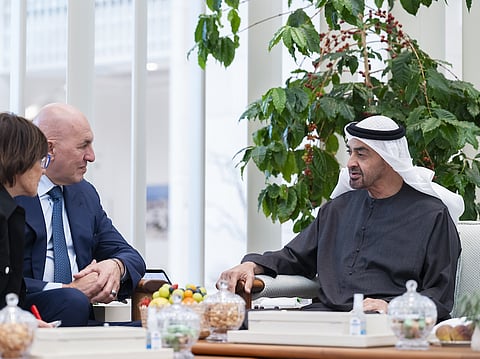 Sheikh Mohamed bin Zayed Al Nahyan, President of the United Arab Emirates (R) meets with HE Guido Crosetto, Minister of Defence of Italy (2nd L).