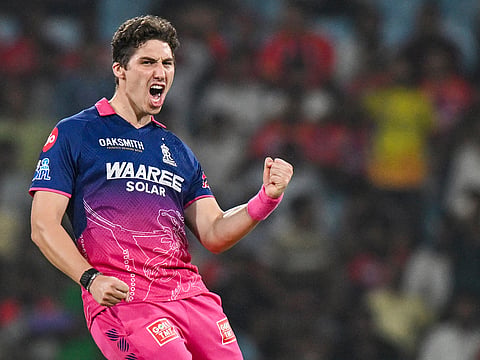 Rajasthan Royals' Nandre Burger and teammates celebrate the wicket of Lucknow Super Giants' skipper Rishabh Pant during their IPL match at Bharat Ratna Shri Atal Bihari Vajpayee Ekana Cricket Stadium, in Lucknow on Wednesday.