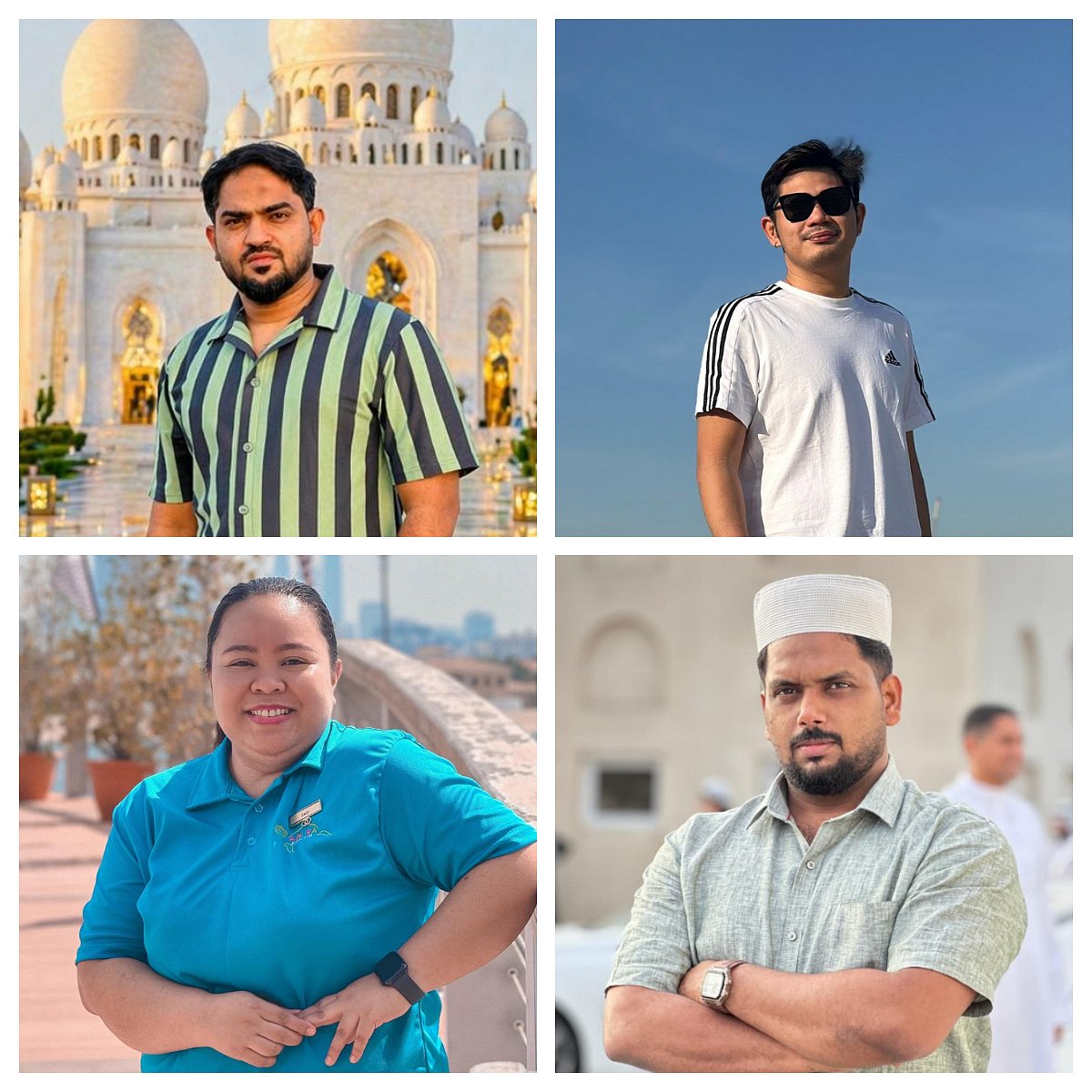 Clockwise from top left: Ramees Rahman, Mohammad Gamor, Mohammed Chittangadan, and La Solidaridad Bautista