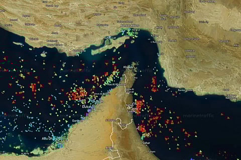 This screen grab taken from a screen recording of the MarineTraffic website on April 21, 2026, shows data visualisation of maritime traffic in the Gulf, Strait of Hormuz and Gulf of Oman from April 18 to April 20, amid a fragile US-Iran truce.  