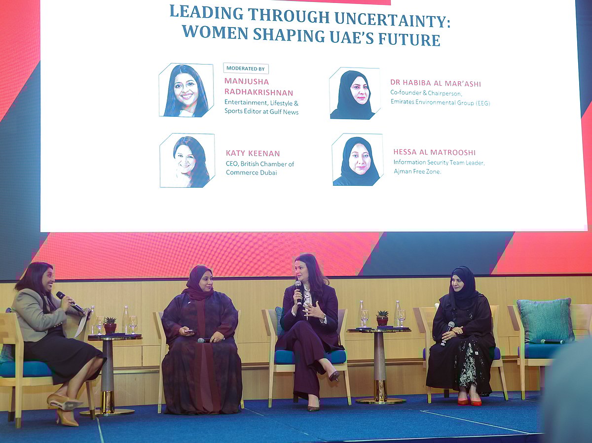 Hessa Al Matrooshi, Information Security Team Leader at Ajman Free Zone, Katy Keenan, CEO of the British Chamber of Commerce Dubai, and Dr Habiba Al Mar’ashi, Co-founder and Chairperson of the Emirates Environmental Group (EEG), speaking at a panel moderated by Manjusha Radhakrishnan, Entertainment, Lifestyle & Sports Editor at Gulf News (extreme left)