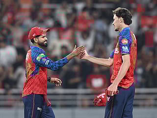 Punjab Kings Marco Jansen and skipper Shreyas Iyer celebrate their win over Lucknow Super Giants in the Indian Premier League 2026 match at Maharaja Yadavindra Singh International Cricket Stadium, in New Chandigarh, Mullanpur, on Sunday. 