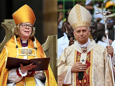 Archbishop of Canterbury Sarah Mullally (left) during her installation ceremony at Canterbury Cathedral. Pope Leo XIV arrives to lead a Holy Mass at the Malabo Stadium in Malabo.