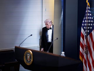 President Donald Trump arrives at the James Brady Press Briefing Room at the White House after a shooting incident outside the ballroom at the annual White House Correspondents' Association Dinner in Washington