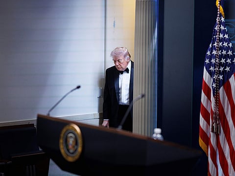 President Donald Trump arrives at the James Brady Press Briefing Room at the White House after a shooting incident outside the ballroom at the annual White House Correspondents' Association Dinner in Washington
