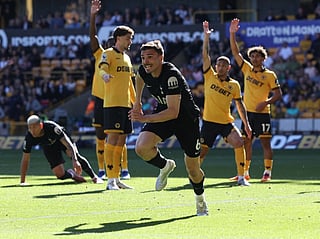 Tottenham Hotspur's Portugese midfielder Joao Palhinha celebrates after scoring in Spurs' 1-0 win over Wolves 