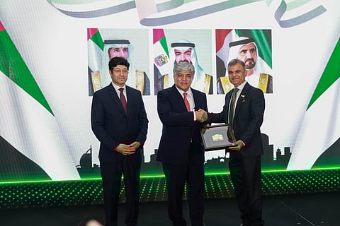 Pakistan Ambassador Shafqat Ali Khan (centre); Consul General Hussain Muhammed and Dr Zafar Tahir at the event in Dubai.