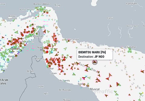 The Japan-bound crude tanker Idemitsu Maru's location as of 1.35 am GST on Wednesday (April 29, 2026), after exiting the Hormuz Strait.