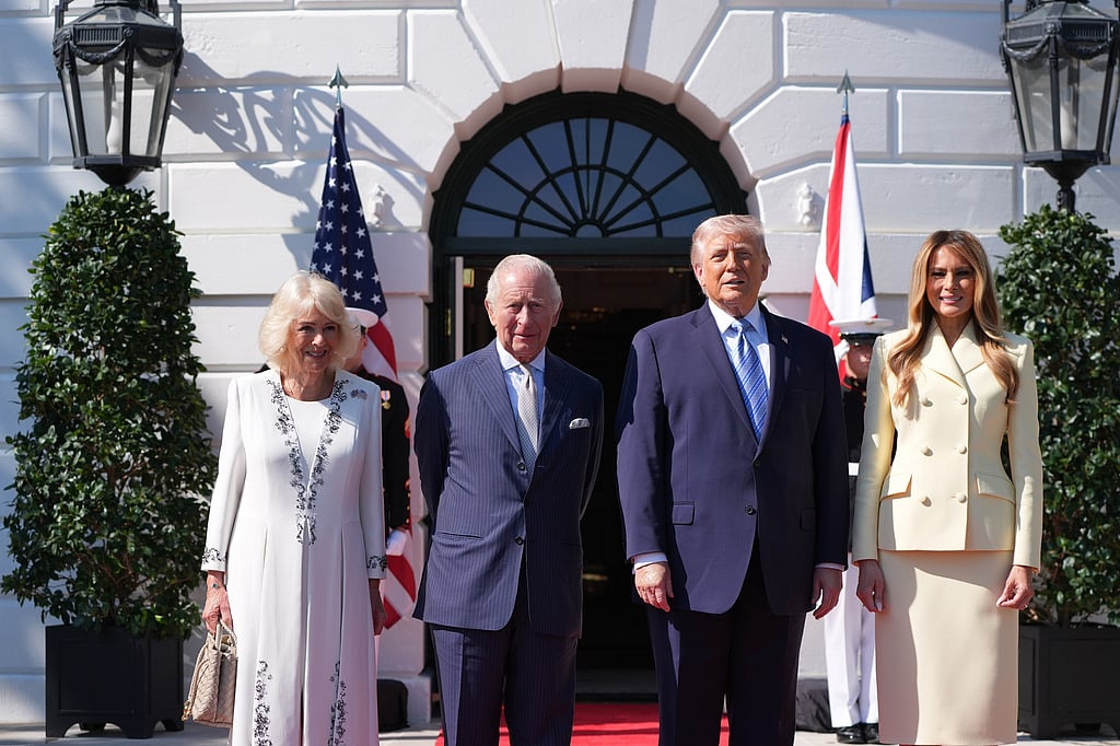 President Donald Trump and first lady Melania Trump greet King Charles III and Queen Camilla as they arrive at the White House.