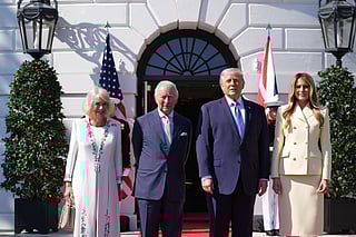 President Donald Trump and first lady Melania Trump greet King Charles III and Queen Camilla as they arrive at the White House.