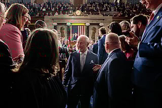 Britain's King Charles III is greeted by attendees after addressing a Joint Meeting of Congress in the House Chamber at the US Capitol in Washington, DC, on April 28, 2026.