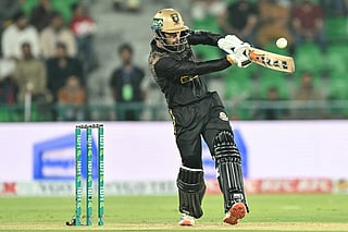 Hyderabad Kingsmen's Pakistan cricket player Maaz Sadaqat plays a shot during the Pakistan Super League (PSL) Twenty20 Eliminator match between Hyderabad Kingsmen and Multan Sultans at Gaddafi Stadium in Lahore on April 29, 2026.
