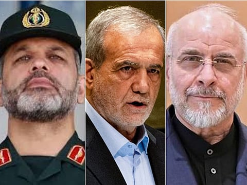 WHO'S IN CHARGE? Reports emerged of purges, loyalty tests, and rivalries between IRGC branches (Quds Force, Aerospace, Basij, etc.) over resources and blame for setbacks. Combo photo shows (from left) IRGC Commander Major General Ahmad Vahidi, Iran President Mahmoud Pezeshkian, and Parliamentary Speaker Mohammad Ghalibaf.