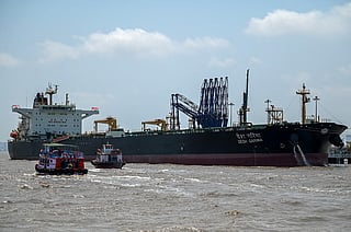 Desh Garima, an Indian-flagged tanker carrying crude oil that transited through the Strait of Hormuz, is seen docked at an offloading terminal along the coast in Mumbai on April 30, 2026.