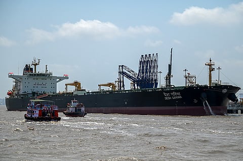 Desh Garima, an Indian-flagged tanker carrying crude oil that transited through the Strait of Hormuz, is seen docked at an offloading terminal along the coast in Mumbai on April 30, 2026.