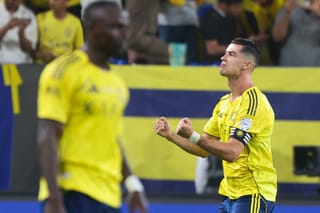 Nassr's Portuguese forward #07 Cristiano Ronaldo celebrates after scoring his team's first goal during the Saudi Pro League football match between Al-Nassr and Al-Ahli at the Al-Awwal Park Stadium in Riyadh on April 29, 2026.