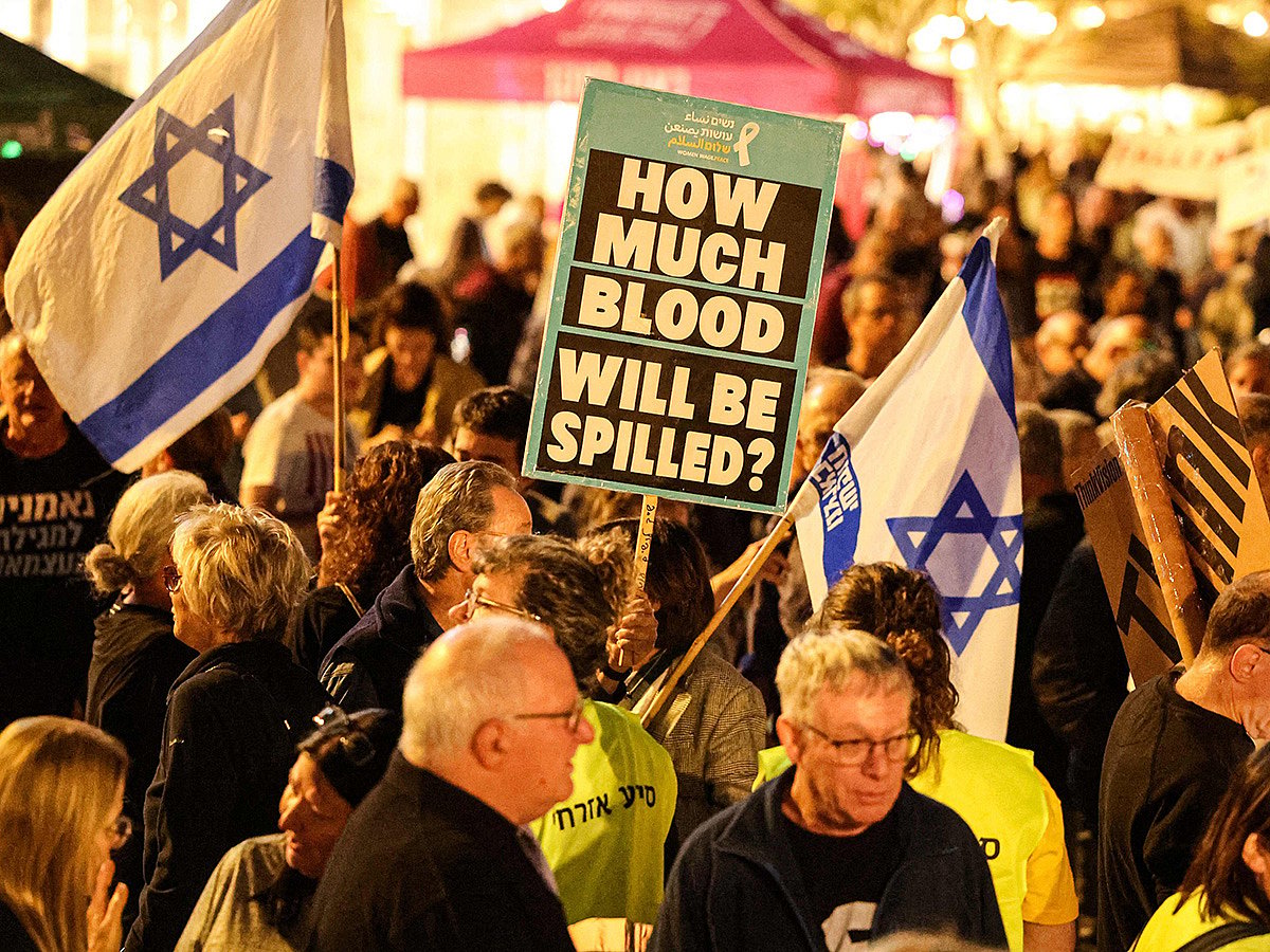 Israeli left-wing activists demonstrate in HaBima Square against the ongoing war with Iran and against the Israeli government in Tel Aviv on May 2, 2026.