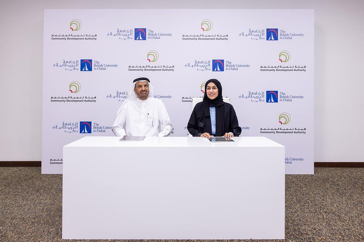 Hessa bint Essa Buhumaid, Director General of the CDA and Professor Abdullah AlShamsi, Vice Chancellor of The British University in Dubai at the MoU signing ceremony in Dubai.