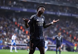 Real Madrid's Brazilian forward #07 Vinicius Junior reacts during the Spanish league football match between RCD Espanyol and Real Madrid CF at RCDE Stadium in Cornella de Llobregat on May 3, 2026.