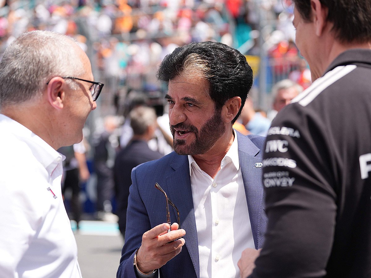 FIA president Mohammed Ben Sulayem greets people before a sprint auto race at the Miami Formula One Grand Prix, on Saturday, May 2, 2026, in Miami Gardens, Florida.