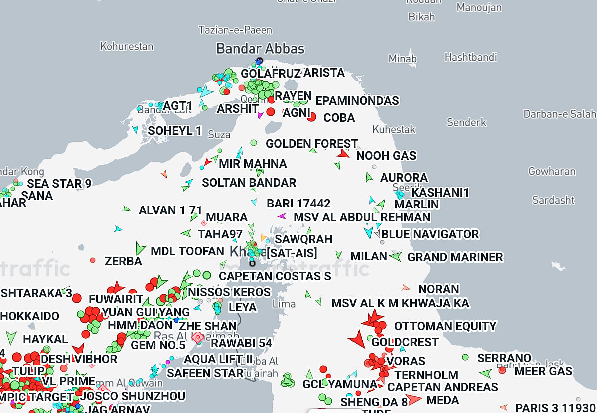 A map shows commercial ships in and around the Strait of Hormuz as of 12:09 pm Monday (May 4, 2026), based on geolocation data from Marine Traffic.