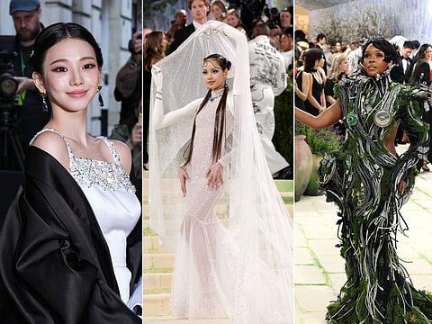 (From left) K-pop star Karina (Yu Ji-min),  Lisa from Blackpink at American signer r Janelle Monáe attending the Met Gala on May 4, 2026.