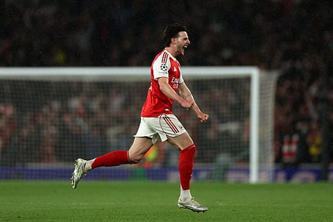 Arsenal's English midfielder #41 Declan Rice celebrates winning the UEFA Champions League second-leg semi-final football match between Arsenal and Atletico Madrid at the Emirates Stadium in north London on May 5, 2026.