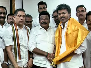 Tamil Nadu Congress leaders meet Tamilaga Vettri Kazhagam (TVK) President Vijay at the TVK Headquarters, in Chennai on Wednesday, May 6, 2026. 