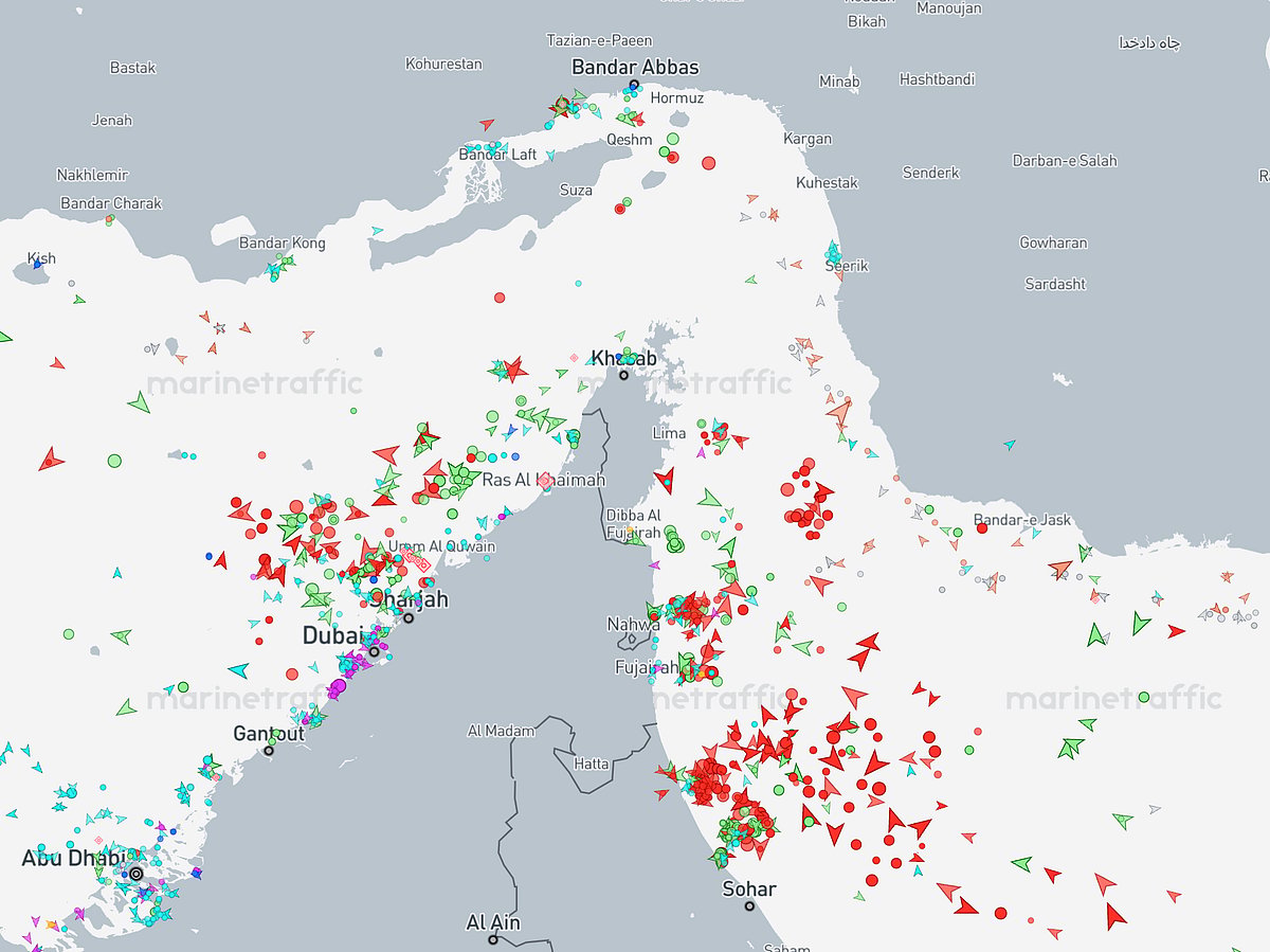 Marine traffic around the Strait of Hormuz as of 1.22am May 8, 2026.