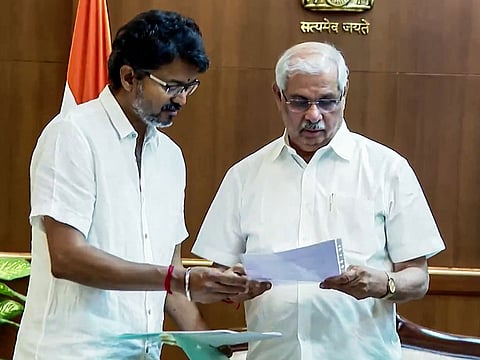 TVK chief Vijay meets Tamil Nadu Governor Rajendra Arlekar to stake claim to form the government at Lok Bhavan, in Chennai on Friday, May 8, 2026. 