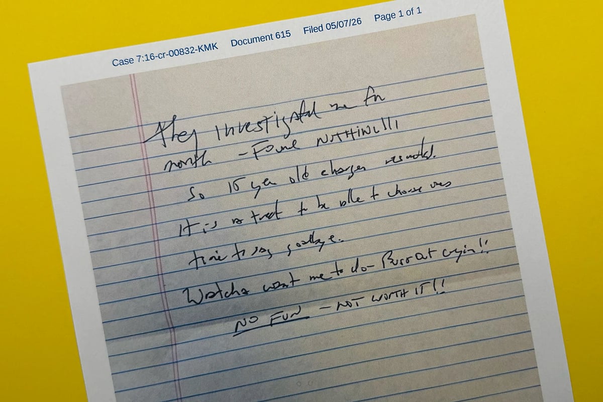 This document released May 6, 2026, by the U.S. District Court for the Southern District of New York, shows a note that Jeffrey Epstein’s former cellmate said he found after Epstein’s reported suicide attempt on July 23, 2019.