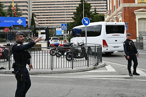 The convoy of Spanish passengers that were evacuated from the Dutch flagged hantavirus-stricken cruise ship MV Hondius arrives to the Gomez Ulla Defense Hospital in Madrid. on May 10, 2026.