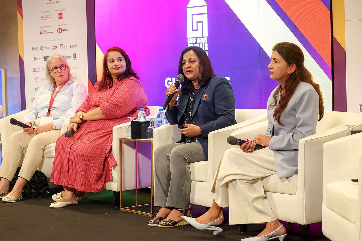 Dr Gisela Lohlein, Academic Director, Head of Faculty Technology, Arts + Culture, De Montfort University Dubai, Amanda Fernandes, Manager - Careers and Employability Services, Middlesex University Dubai, Dr Roma Raina, Head - Corporate Alliances and Partnerships, Manipal Academy of Higher Education (MAHE), Dubai Campus and Priya Baguant, Dean – School of Business, Amity University Dubai during a panel discussion on the opening day of Gulf News Edufair 2026