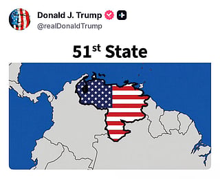 US President Donald Trump posted a map graphic on his Truth Social platform depicting Venezuela with an inset American flag and the label "51st State."

