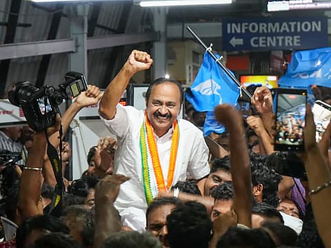 VD Satheesan with supporters after winning the elections.