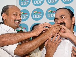 Thiruvananthapuram: Congress leader V.D. Satheesan being offered sweets by supporters at his official residence after being named the new Chief Minister of Kerala in Thiruvananthapuram on Thursday, May 14, 2026. 
