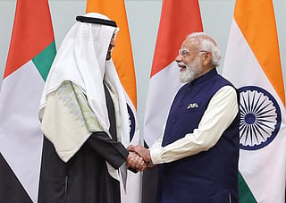 Indian Prime Minister Narendra Modi with UAE President His Highness Sheikh Mohamed bin Zayed Al Nahyan.