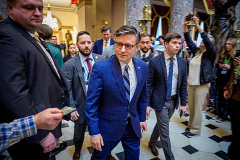 Speaker of the House Mike Johnson (R-LA) walks to his office on Capitol Hill on May 15, 2026 in Washington, DC. Johnson took questions from reporters and discussed housing legislation, the ongoing war with Iran, and House ethics following votes.