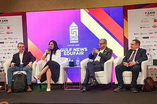 Mustafa Alhariri, Director - Career Services and Outreach, Rochester Institute of Technology (RIT) Dubai; Nidhi Sehgal, Head of School – Business and Humanities, Curtin University Dubai; Arindam Banerjee, Director, Master of Applied Finance & Wealth Management, SP Jain School of Global Management Dubai; and Amir Zeid, Dean, Thumbay College of Management and AI in Healthcare, Gulf Medical University, speaking at Edufair in Dubai

