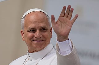 Pope Leo XIV arrives for his weekly general audience in St. Peter's Square, at the Vatican, Wednesday, May 13, 2026. (AP Photo/Alessandra Tarantino)
