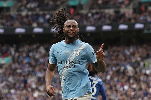 Manchester City's Antoine Semenyo celebrates after scoring the opening goal during the English FA Cup final soccer match between Chelsea and Manchester City in London, Saturday, May 16, 2026. (AP Photo/Richard Pelham)