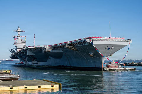In this handout photo released by the US Navy aircraft carrier USS Gerald R. Ford (CVN 78) arrive at Naval Station Norfolk, Virginia, on May 16, 2026.