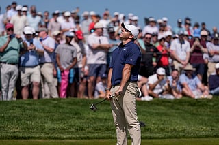 Rory McIlroy, of Northern Ireland, reacts to a missed putt on the seventh green during the final round of the PGA Championship golf tournament at Aronimink Golf Club, Sunday, May 17, 2026, in Newtown Square, PA. (AP Photo/Matt Slocum)
